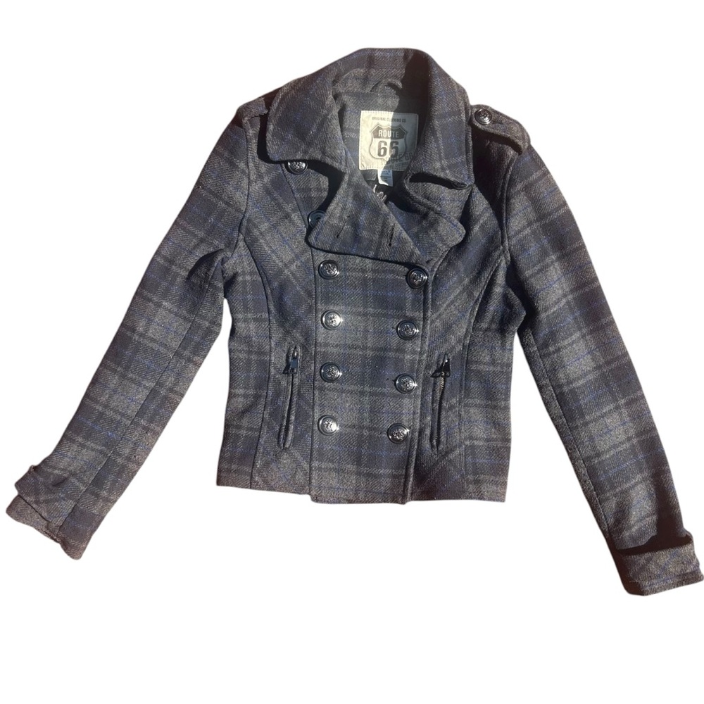 Route 66 Double Breasted Blue Gray Black Plaid Pea Coat Size Small
